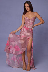 Ruched Asymmetric Corset Gown in Blurred Floral
