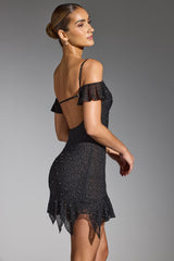 Embellished Cold Shoulder Mini Dress in Black