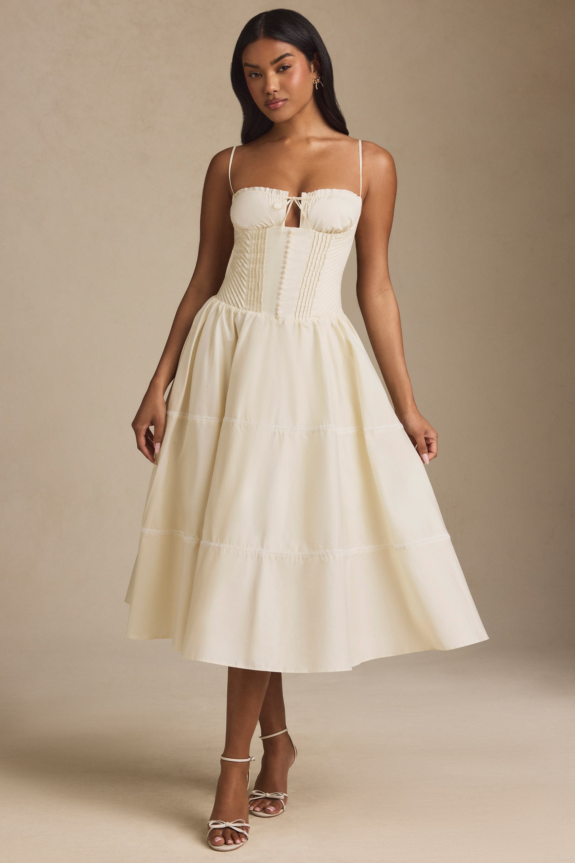 Lace-Trim Pintucked Poplin Midaxi Dress in Ivory