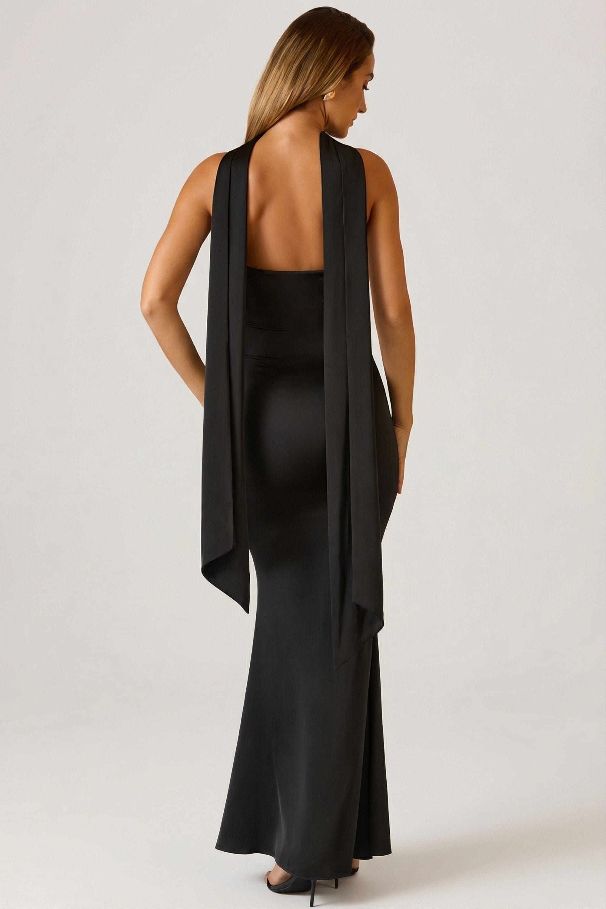 Scarf-Detail Strapless Gown in Black