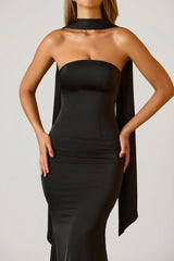Scarf-Detail Strapless Gown in Black