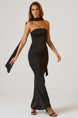 Scarf-Detail Strapless Gown in Black