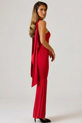Scarf-Detail Strapless Gown in Scarlet Red