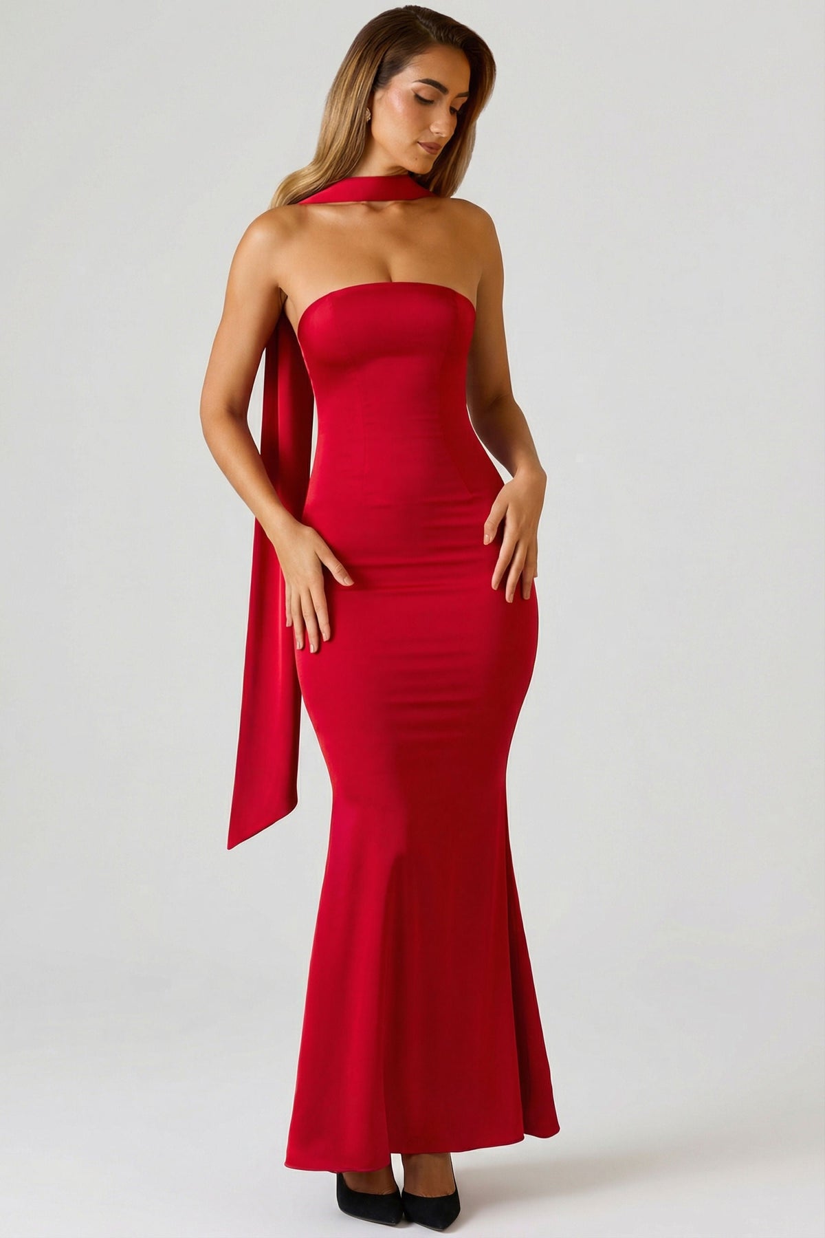 Scarf-Detail Strapless Gown in Scarlet Red