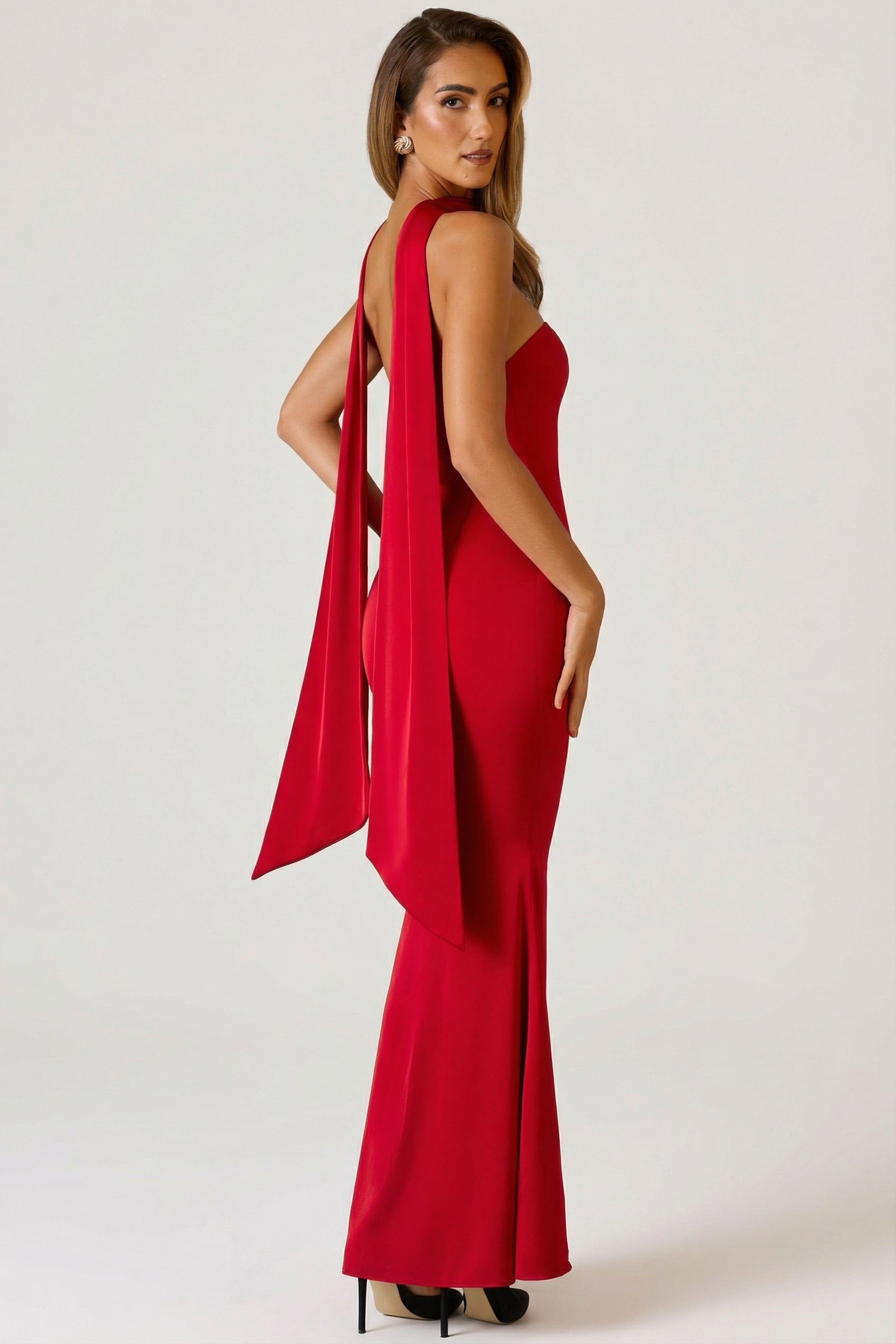Scarf-Detail Strapless Gown in Scarlet Red